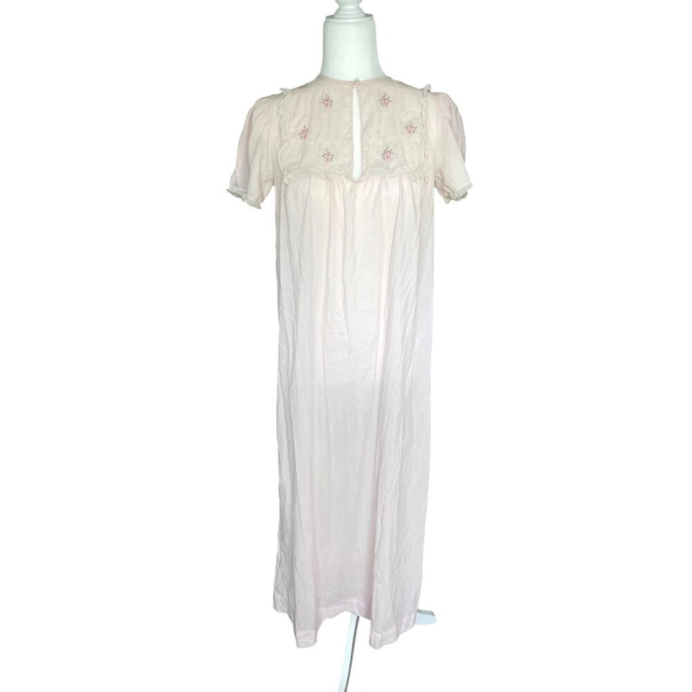 Vintage Barbizon Pink Cotton Nightgown Embroidered Florals Lace Sz Small Button